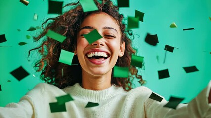 Joyful celebration with confetti and smiling woman in vibrant green setting - Powered by Adobe