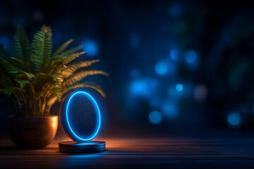 Smart speaker glowing in modern setting with plant, creating cozy atmosphere