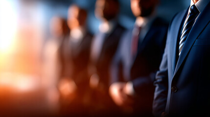 Professional men in suits standing in line, showcasing teamwork and collaboration