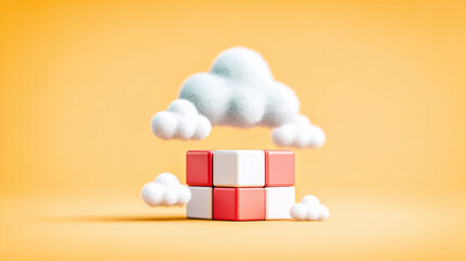Fluffy clouds surround colorful cube on bright background, symbolizing creativity and innovation
