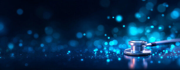 Stethoscope reflective surface with blue bokeh background, symbolizing healthcare and technology