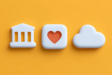 Modern icons representing bank, love, and cloud vibrant yellow background evoke sense