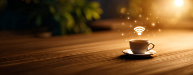 Steaming cup of coffee wooden table with glowing Wi Fi symbol above, symbolizing connectivity