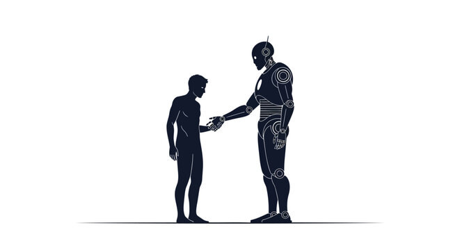 Two figures one human and one a digital entity shaking hands in a symbolic gesture of connection