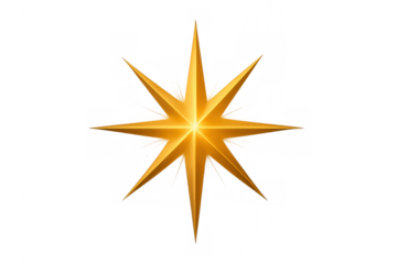 Golden eight-pointed star shining brightly, a symbol of christmas, celebration, light, and guidance on transparent background