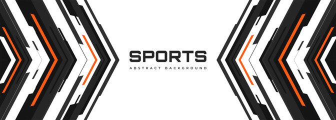 White modern sports banner design with black and orange futuristic arrows and angles. Technology vector illustration background