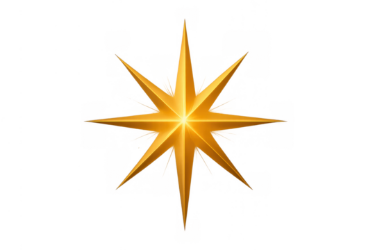Golden eight-pointed star shining brightly, a symbol of christmas, celebration, light, and guidance on transparent background