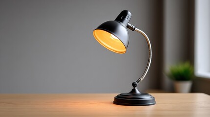 A stylish black desk lamp illuminates a workspace, featuring a flexible neck and warm light, set against a neutral backdrop with a hint of greenery.