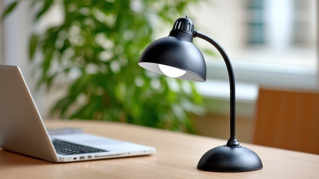 A stylish black desk lamp illuminates a workspace featuring a laptop and a background of greenery, creating a calm and productive atmosphere.