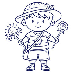 Cute Boy with Flowers in Outline Style Ready to Color and for Fun Activity Coloring Book Page