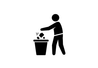 Simple stick figure throwing waste into a trash can, promoting cleanliness, environmental responsibility, and proper disposal practices in public spaces