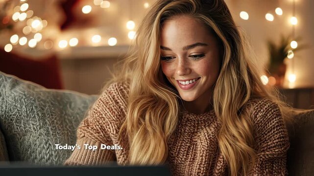 Woman shopping online for holiday deals in cozy home setting with warm lighting
