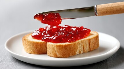 A slice of toasted bread topped with a generous layer of red jam, showcasing a knife with jam ready for spreading.