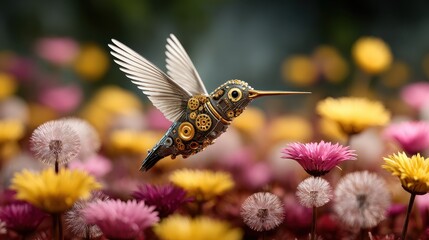 Fototapeta premium A mechanical hummingbird hovers amidst vibrant flowers, showcasing intricate gears and colorful petals in a whimsical, imaginative setting.