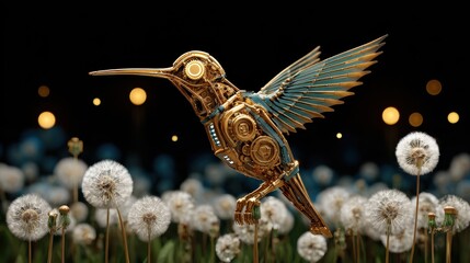 Fototapeta premium A mechanical hummingbird hovers above dandelions, showcasing a blend of nature and technology in a captivating, surreal scene.
