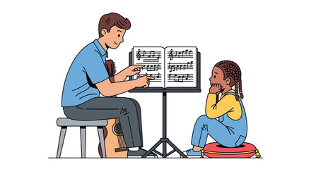 Dedicated music teacher guiding young student with guitar lesson and sheet music in bright, cheerful setting