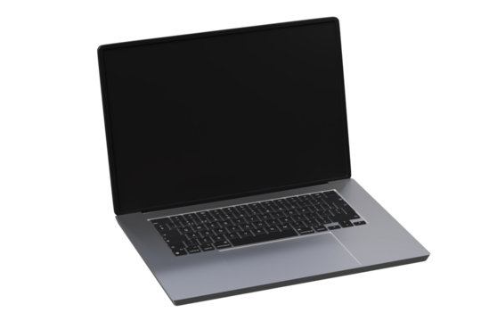 3d metal laptop with blank screen icon. workspace technology concept. Minimal cartoon notebook computer ultrabook for website header banner. isolated on white background. 3d render.