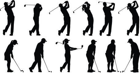 Golf pose silhouette, swing and stance variations, sports technique illustration, male golfer motion, flat vector, CAD drawing, training concept