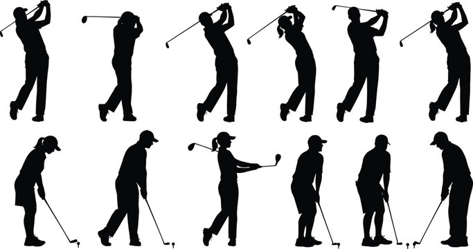 Golf pose silhouette, swing and stance variations, sports technique illustration, male golfer motion, flat vector, CAD drawing, training concept