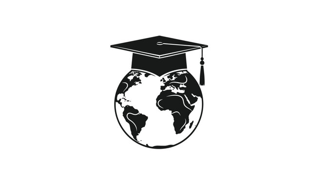 Graduation cap on top of a stylized globe representing global education and learning opportunities