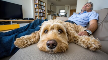 A relaxed dog lies on a couch with a man lounging nearby, capturing a cozy moment of companionship in a home setting.