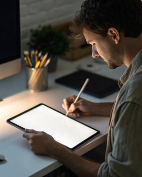 Artist creating digital artwork on tablet modern creative desk over-the-shoulder shot realistic lighting