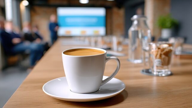 A close-up view of a coffee cup on a table in a meeting room, with a presentation screen and attendees visible in the background.