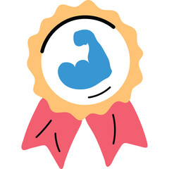 Award Ribbon Medal With Muscle Arm Icon A Symbol Of Strength And Achievement In Golden Yellow Red And Blue Colors On A Transparent Background