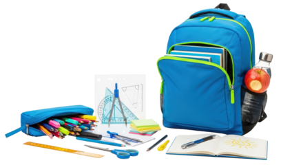 Blue backpack filled with books and school supplies isolated PNG with Transparent Background