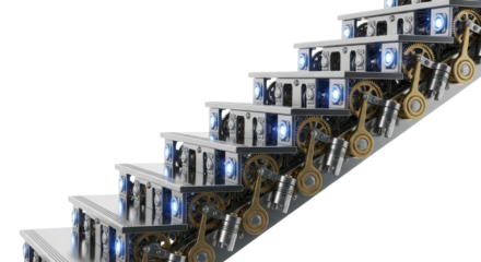 Kinetic sculpture with mechanical steps and blue lights isolated PNG with Transparent Background