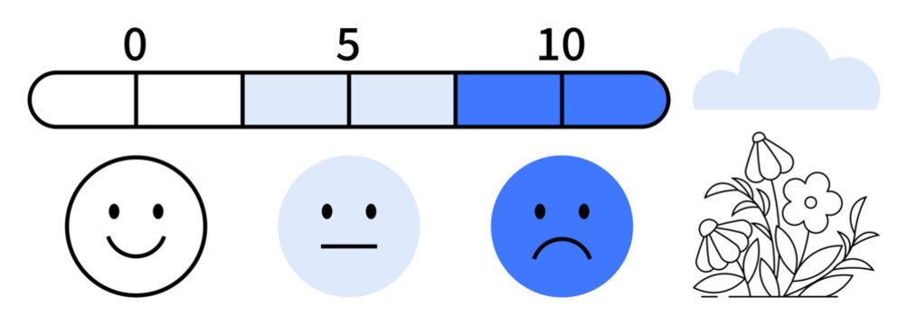 Happiness scale with numbers 0-10, three emotive faces from happy to sad, cloud, flowers for wellness. Ideal for health, psychology, emotions, mental health, self-care mindfulness positivity