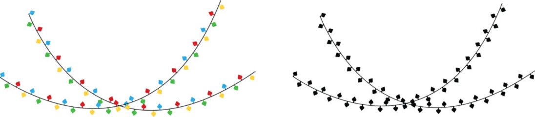 Colorful string lights set, festive decorative bulb garlands collection in multiple shapes and curves, holiday illumination decoration vector design on transparent background
