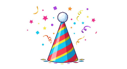 Colorful Striped Party Hat with Confetti and Stars Illustration
