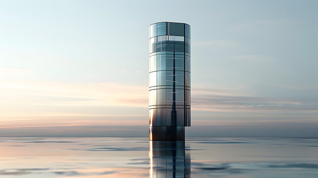 Futuristic cylindrical glass tower reflecting serene waters at sunset, evoking innovation, modern architecture, and a sense of tranquil possibility