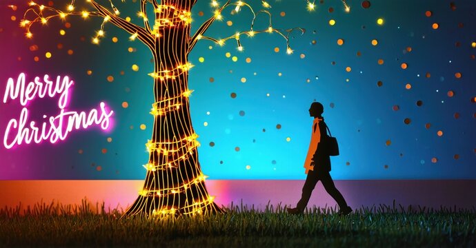Silhouette walks past illuminated tree. Festive lights, vibrant colors create cheerful holiday scene. Bright text proclaims Merry Christmas. - Powered by Adobe