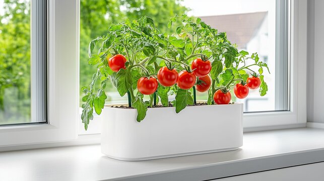 Cherry tomatoes thrive in a mini hydroponic system on a kitchen windowsill, basking in LED light, compact indoor gardening ideas - Powered by Adobe