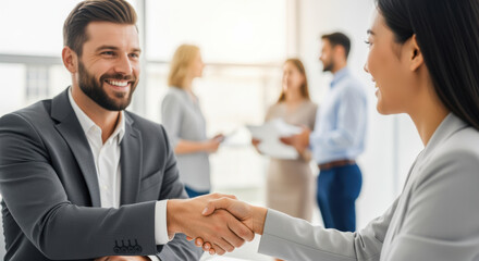 Confident business professionals shaking hands during successful meeting in modern office, teamwork and collaboration concept