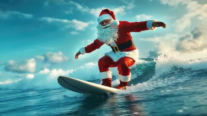 Santa Claus catching a wave on his surfboard in a tropical location, enjoying a summer vacation and celebrating a warm Christmas holiday with an extreme water sport in the blue ocean