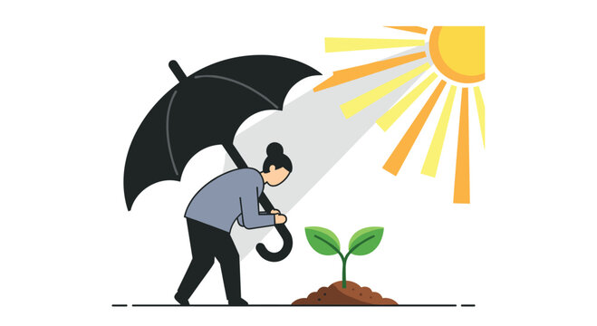 Dedicated caregiver shields fragile new sprout from harsh sun, nurturing growth and life with protective care and gentle attention