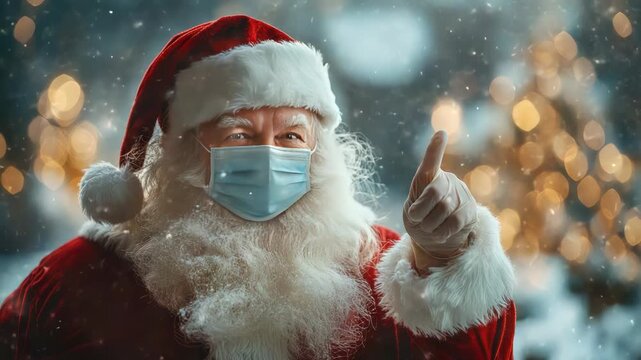 In a snowy, festive scene, Santa Claus is seen with a protective face mask and gloves, gesturing upwards to remind everyone to stay safe during the winter holiday season