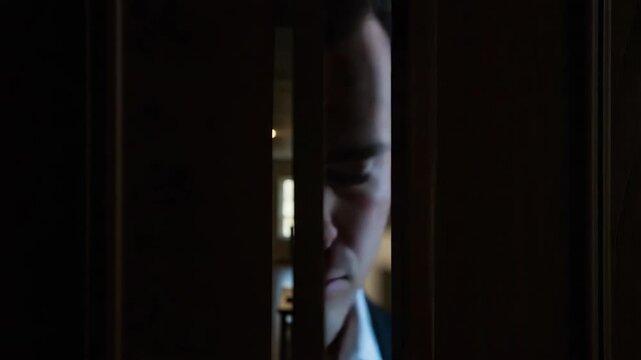 Person looking through crack in door, creating sense of unease and suspicion. Peering intently, face partially obscured by the narrow opening, evokes intrigue and mystery.