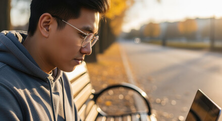 Young man focused on studying outdoors in autumn park, working on laptop while sitting on bench in casual hoodie and glasses