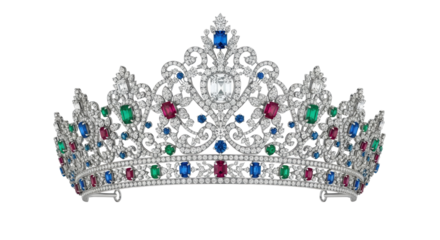 Silver tiara with colorful gemstones isolated PNG with Transparent Background