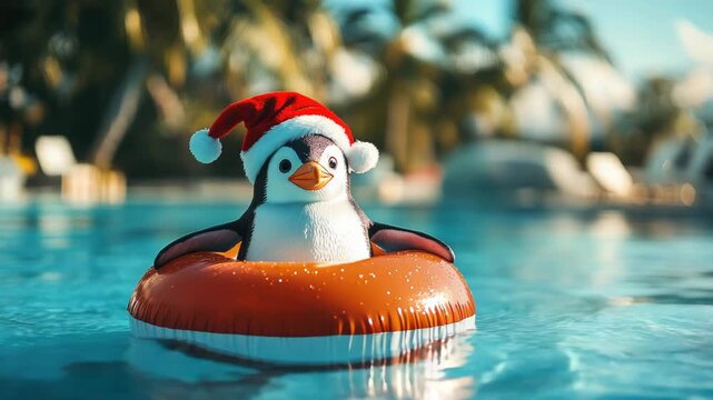 Cute penguin in a Santa hat relaxing on an inflatable ring, floating in a sunny pool for a tropical Christmas getaway  festive, funny, and summery holiday vibe