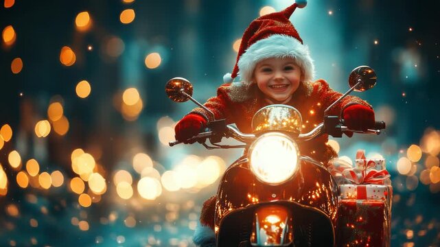 Whimsical Christmas elf zips on a scooter through a snowy village street, delivering gifts and joy as twinkling lights and glowing storefronts create a cozy festive night scene