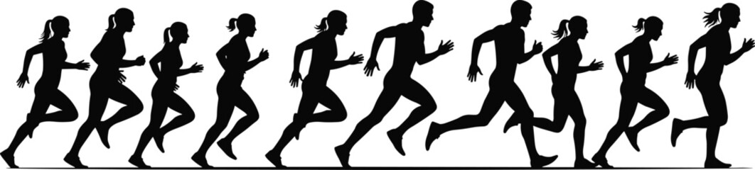 Obraz premium Running silhouette sequence, male and female runners, dynamic stride motion, sports training concept, fitness movement, flat vector, CAD drawing illustration