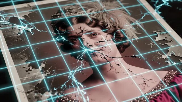 Abstract image fragmentation with digital grid lines and electric energy