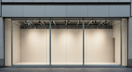 Modern empty storefront with large glass windows and minimalist interior, ready for commercial lease in urban retail district