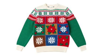 Festive knitted sweater with Christmas snowflake and poinsettia applique designs isolated on a transparent background