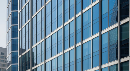 Modern glass office building facade reflecting city skyline in daylight, contemporary urban architecture with repeating window patterns